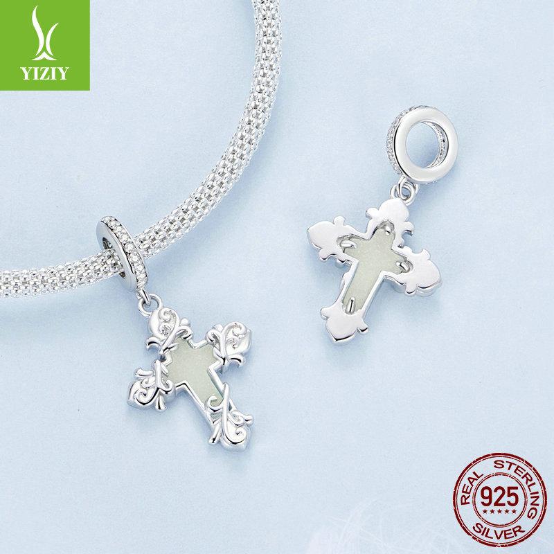 Luminous Cross Diy Pendant Accessories, Faith Retro Pattern S925 Sterling Silver Beads