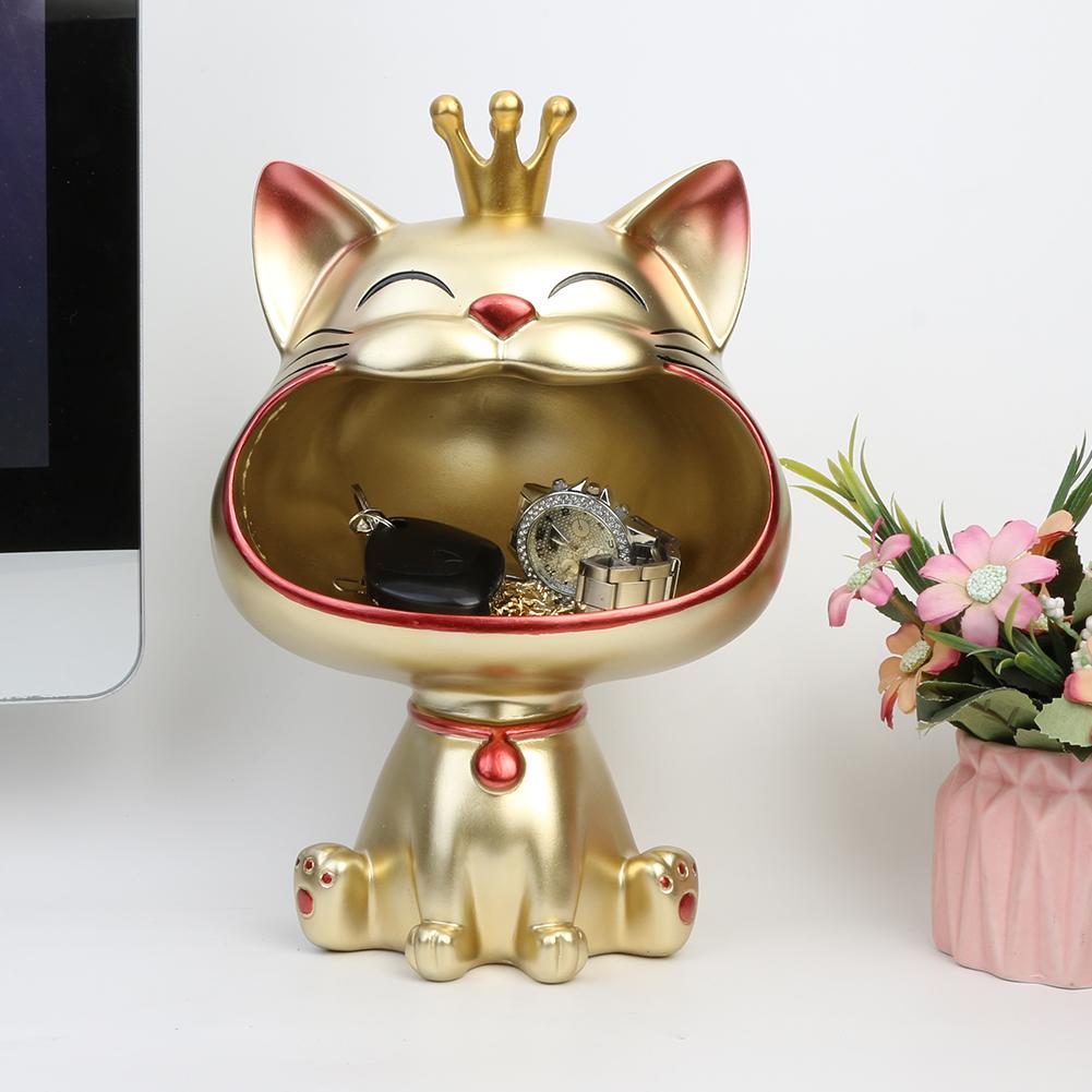 Resin Big Mouth Lucky Cat Figurine Key Holder Bowl Decorative Statue for Candy Snacks Organizer Home Office Table Decor