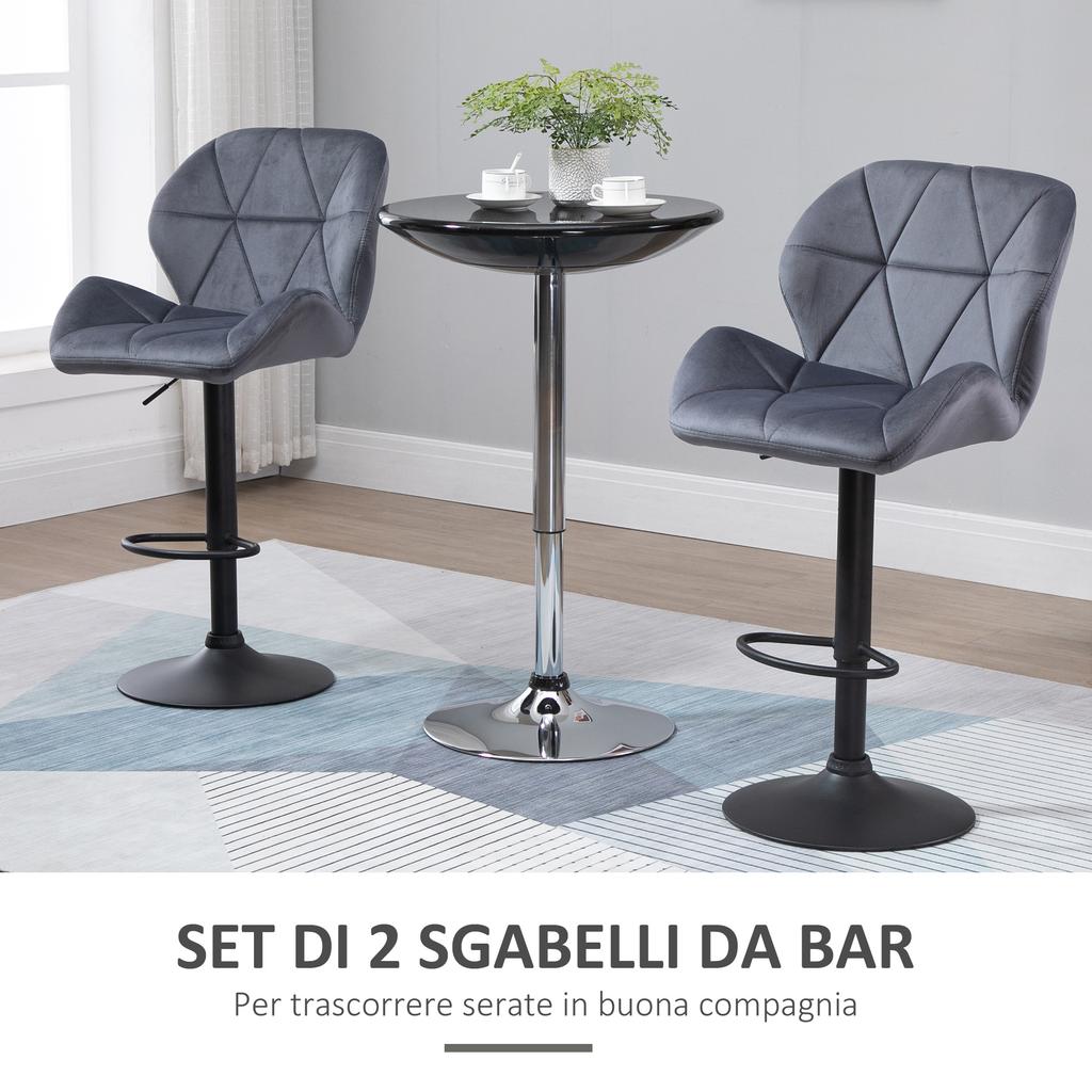 Set of 2 Bar Stools with Adjustable Height Metal Base Velvet Seat, High Swivel Kitchen Stools with Backrest and Footrest, 51.5x57.5x93-114.5cm, Grey
