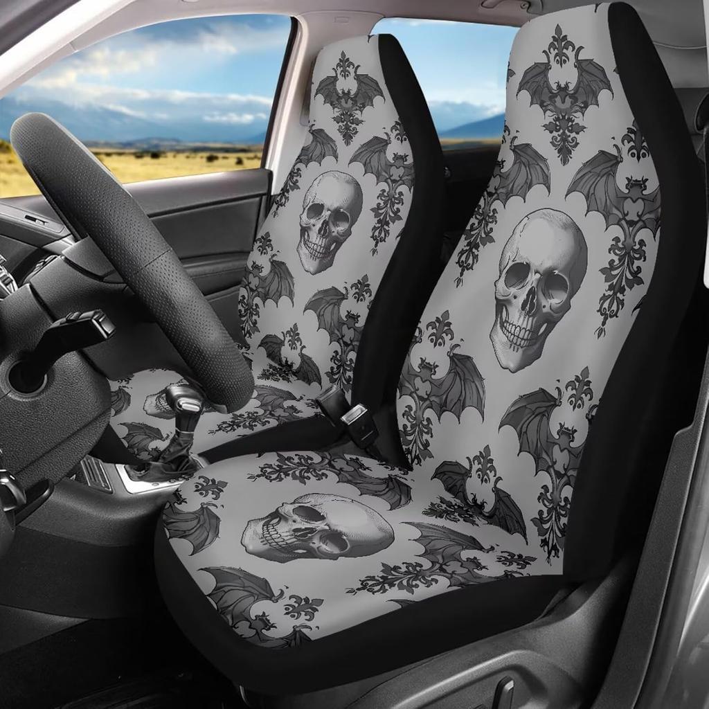Gothic Skull Car Seat Covers Highback Bucket Seat Cover Universal Front Bucket Seat Cover,2pcs Universal Fit, Halloween Bat Auto Accessories