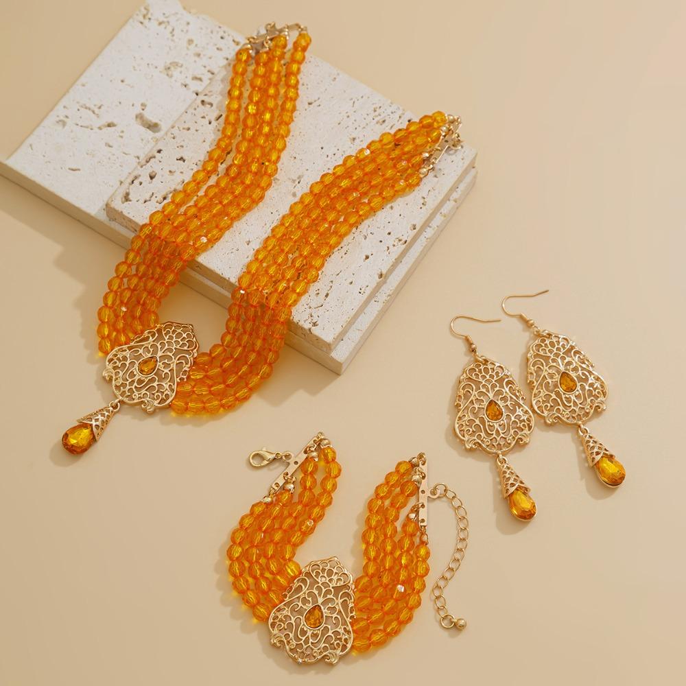 Multilayer Pearl Beaded Bracelet Shiny Necklace Earring Set Temperament Bridal Jewelry Set  Lady
