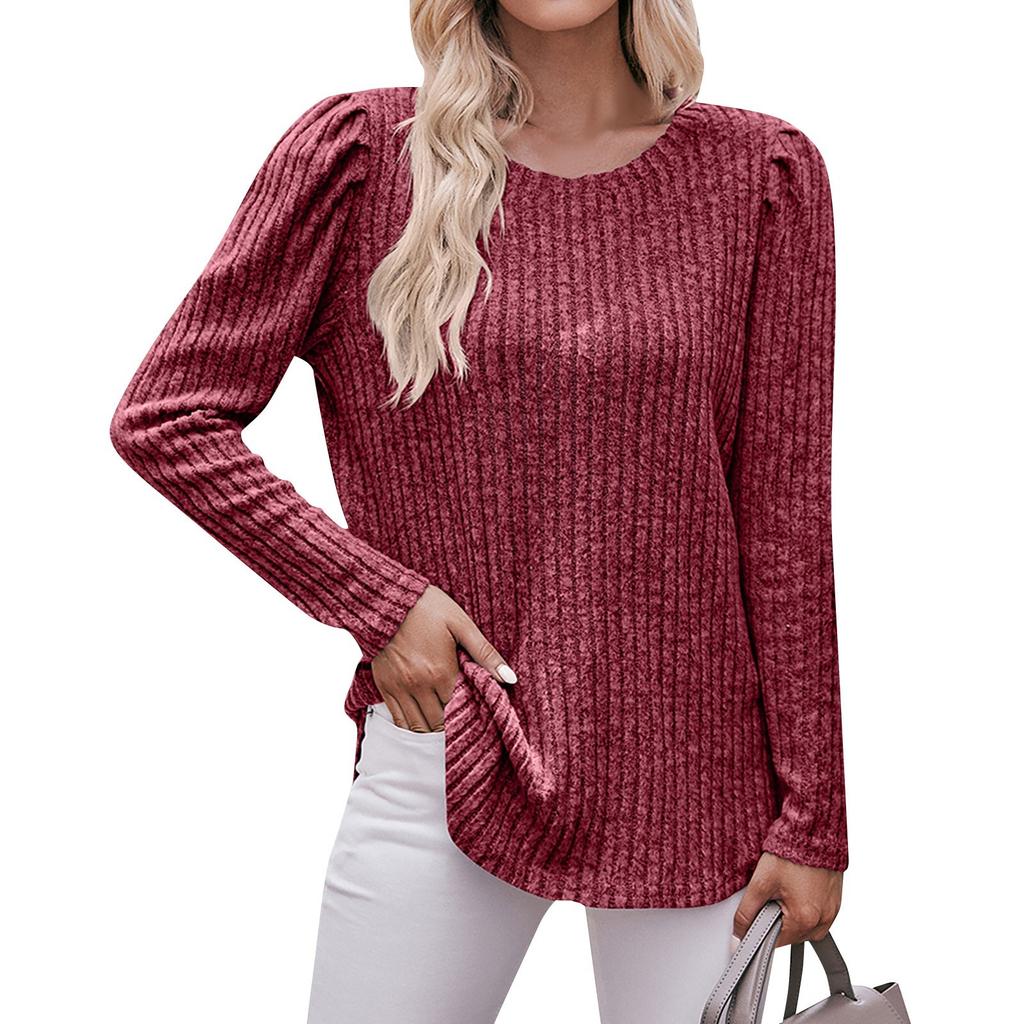 Women's Winter Tops Long Sleeve T-Shirt Round Neck Solid Color Fashion Button Tops