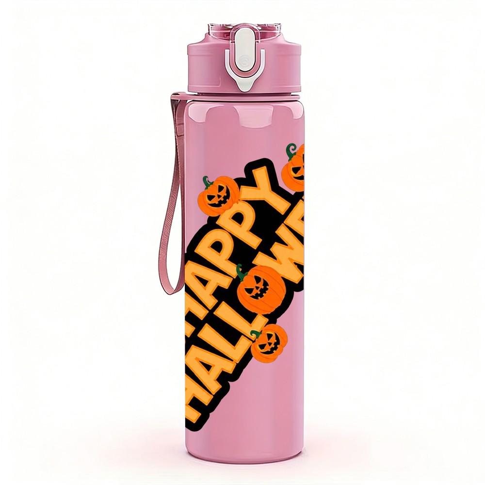 1PC Happy Halloween Text Art Pattern 750ml Color Plastic Sports Water Bottle Leakproof Flip Straw Lid Suitable for Sports Office Home Use