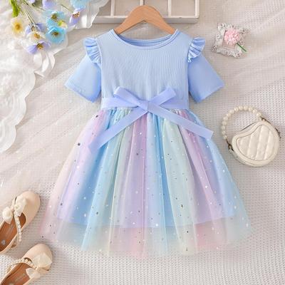 2025 Summer Girls' Gradient Mesh Bow Dress - Short Sleeve Princess Style