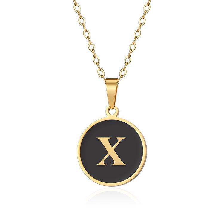 English letter oiled necklace, European and American trend titanium steel chain, round gold letter pendant collarbone chain