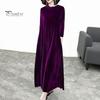 Vestido Longo Gola Alta Mangas Compridas Bolsos Corte Evasê Feminino Férias de Primavera Outono Pregueado Barra Solta Cor Sólida Veludo