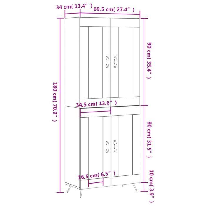 VidaXL Buffet haut Noir 69,5x34x180 cm Bois d'ingénierie 3198250