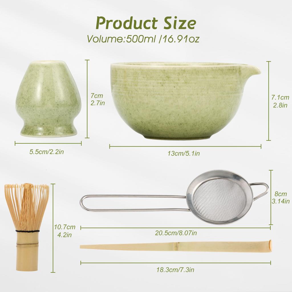 DiDiBirDi Matcha Tea Ceremony Includes Matcha Matcha Whisk Matcha Bamboo Traditional Bamboo and Stainless Steel Sieve Set, 5-Piece Set, Bowl, Stand,