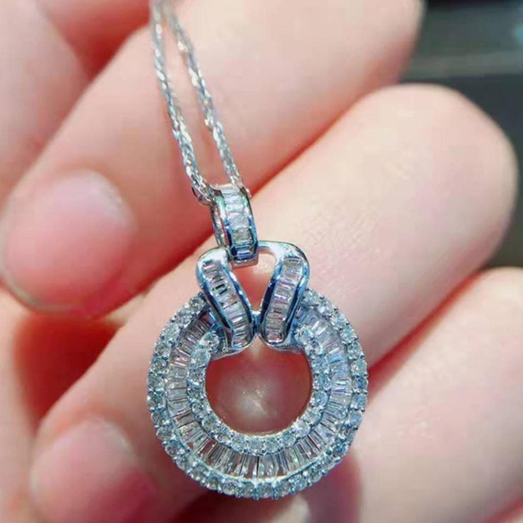 Women Baguette Cut Double Layer Circular Pendant Necklace with Sparkling Stone Bail Elegant Statement Jewelry for Daily and Party Wear