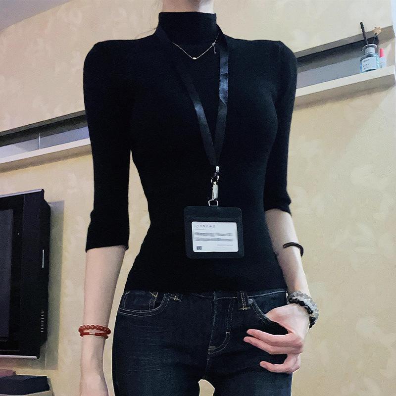 

Black Semi-High Neck Slimming Mid-Sleeve Top for Women - Stylish, Age-Defying Early Autumn Layer L (100-115 jin recommended) чёрный