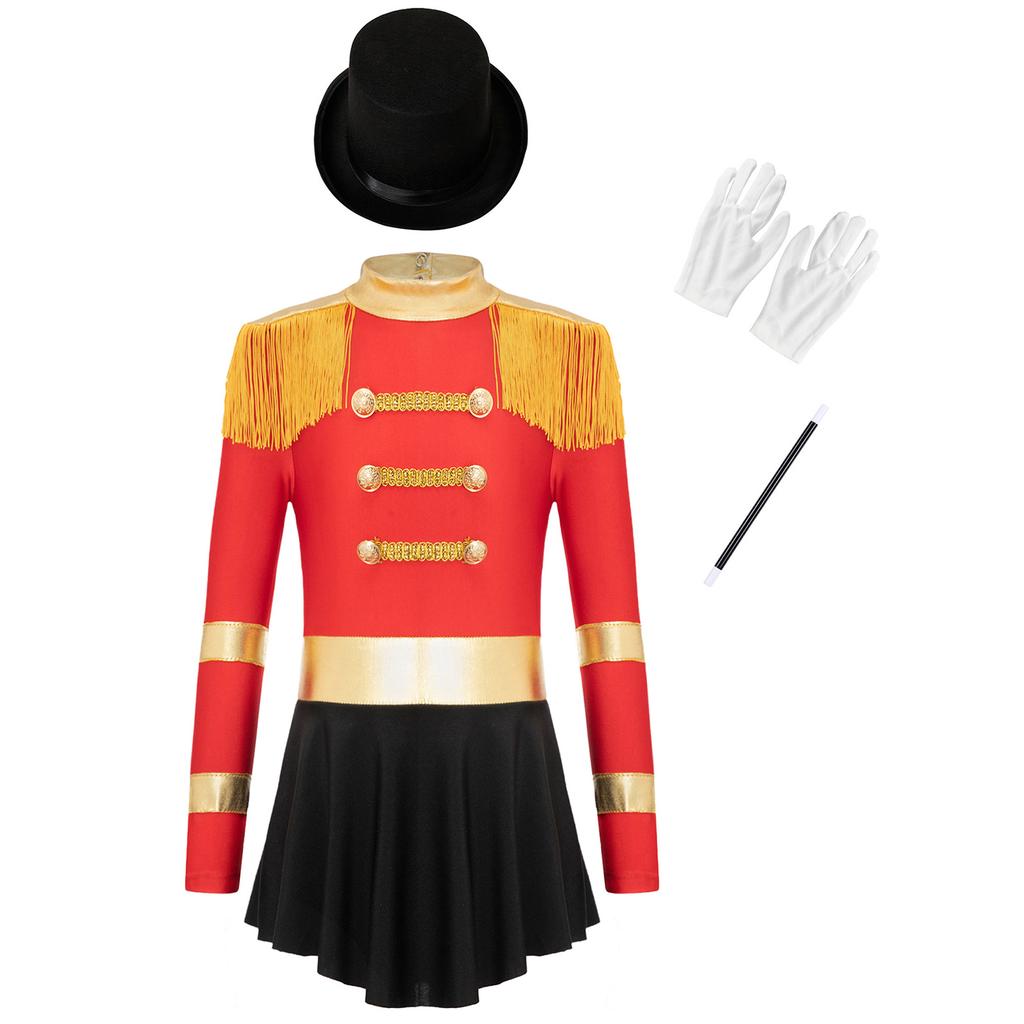 4Pcs Kids Girls Circus Magician Costume Complete Set: Long Sleeve Jumpsuit with Keyhole Back, Top Hat, Gloves & Wand for Halloween Show