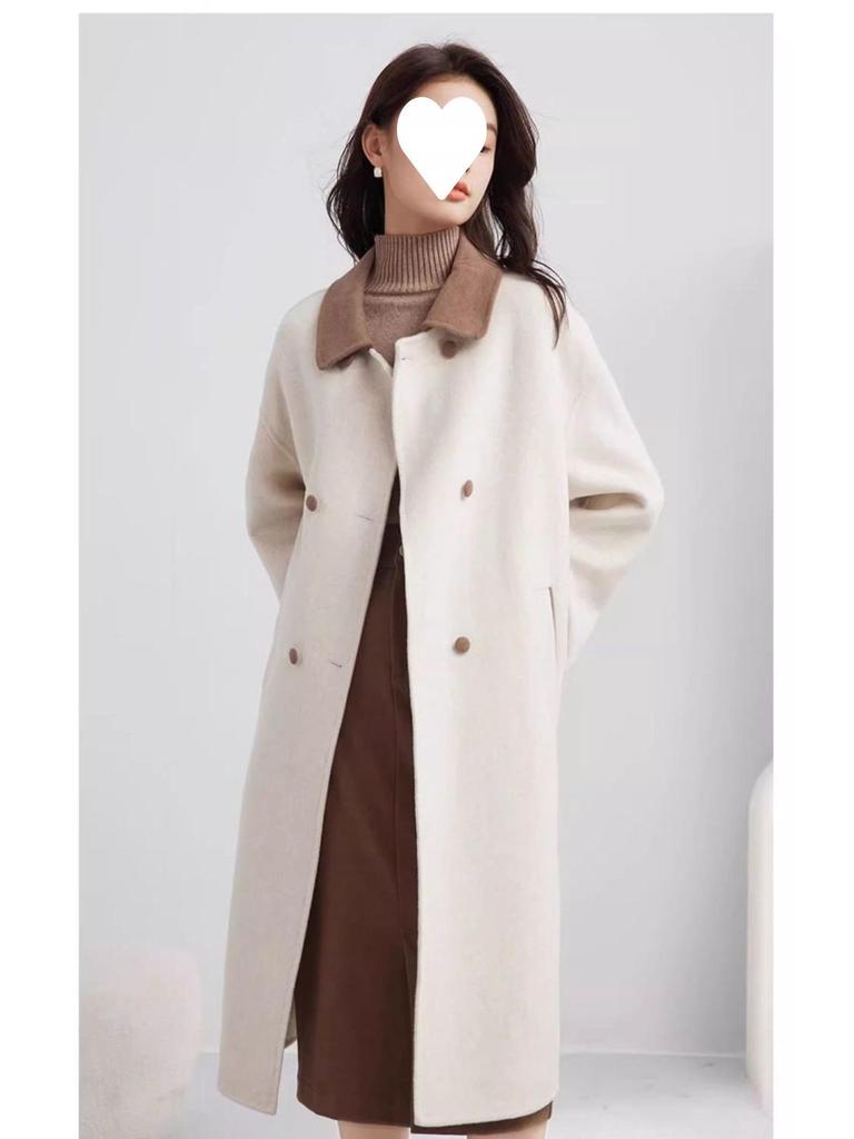 Women's Elegant Beige Woolen Mid-Length Coat, 2025 Winter French Casual, Petite Plus, Thick Outerwear