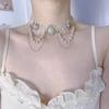 Vintage Lace Pearl Choker Shiny Lolita Choker Necklace Adjustable Rhinestone Tassel Necklace  Party