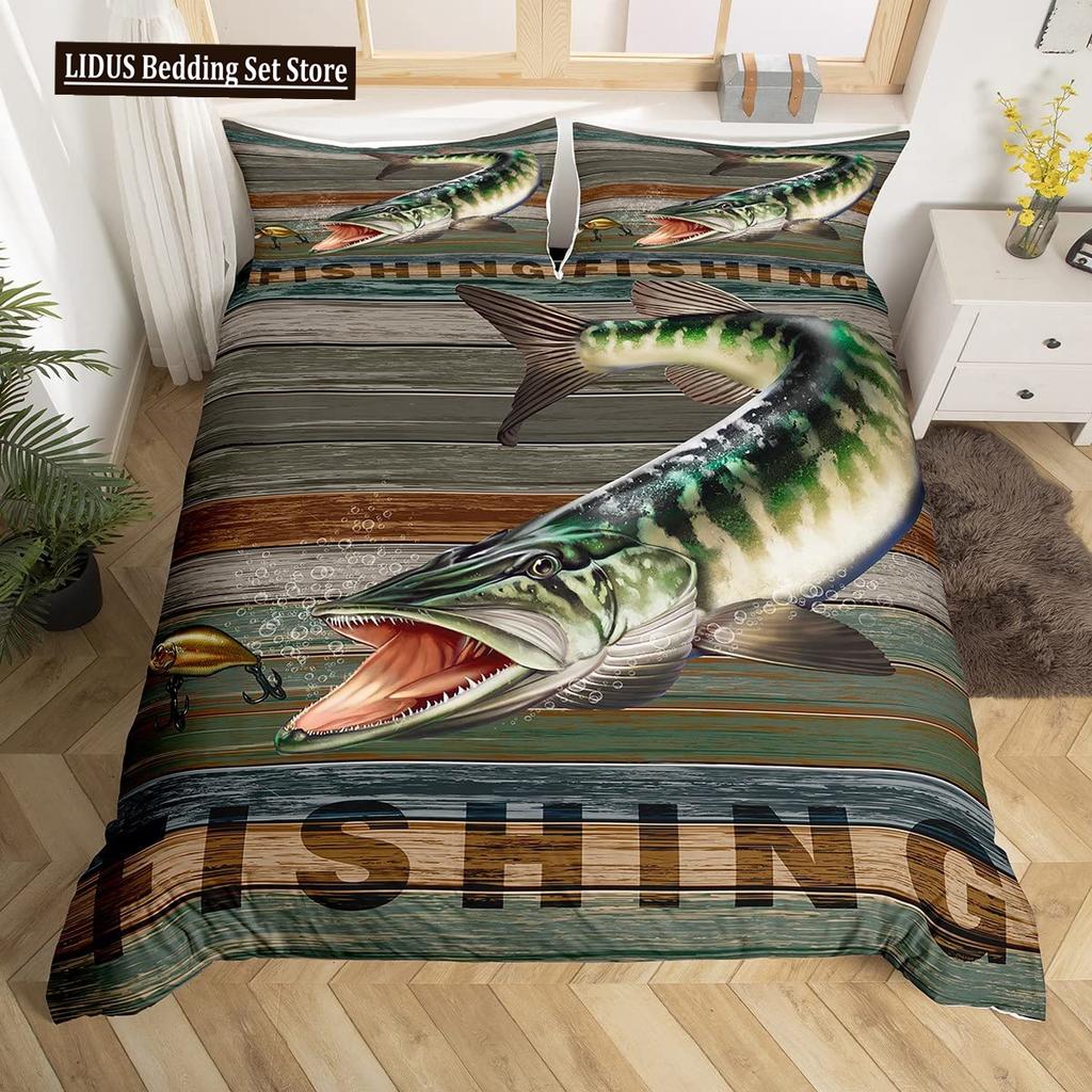 Pike Fish Bedding Striped Bass Big Pattern Hunting And Fishing Themed Duvet Cover For Kids Boys BedRoom Decorations For Teens