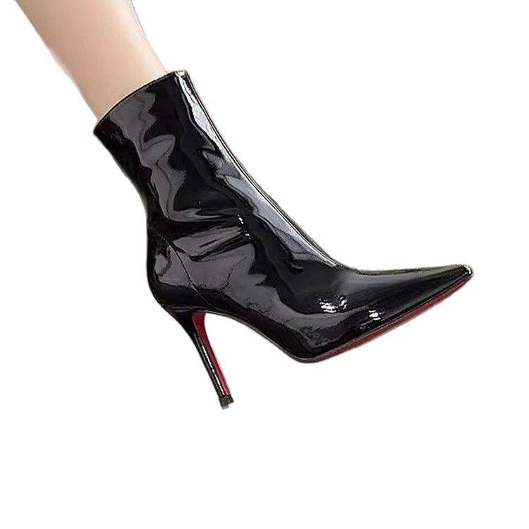 Thin Heels Imperial Sister High Heels Autumn And Winter Patent Leather Campus Style Daily Thin Boots Good-Looking Pointed Short Boots Female Red Sole