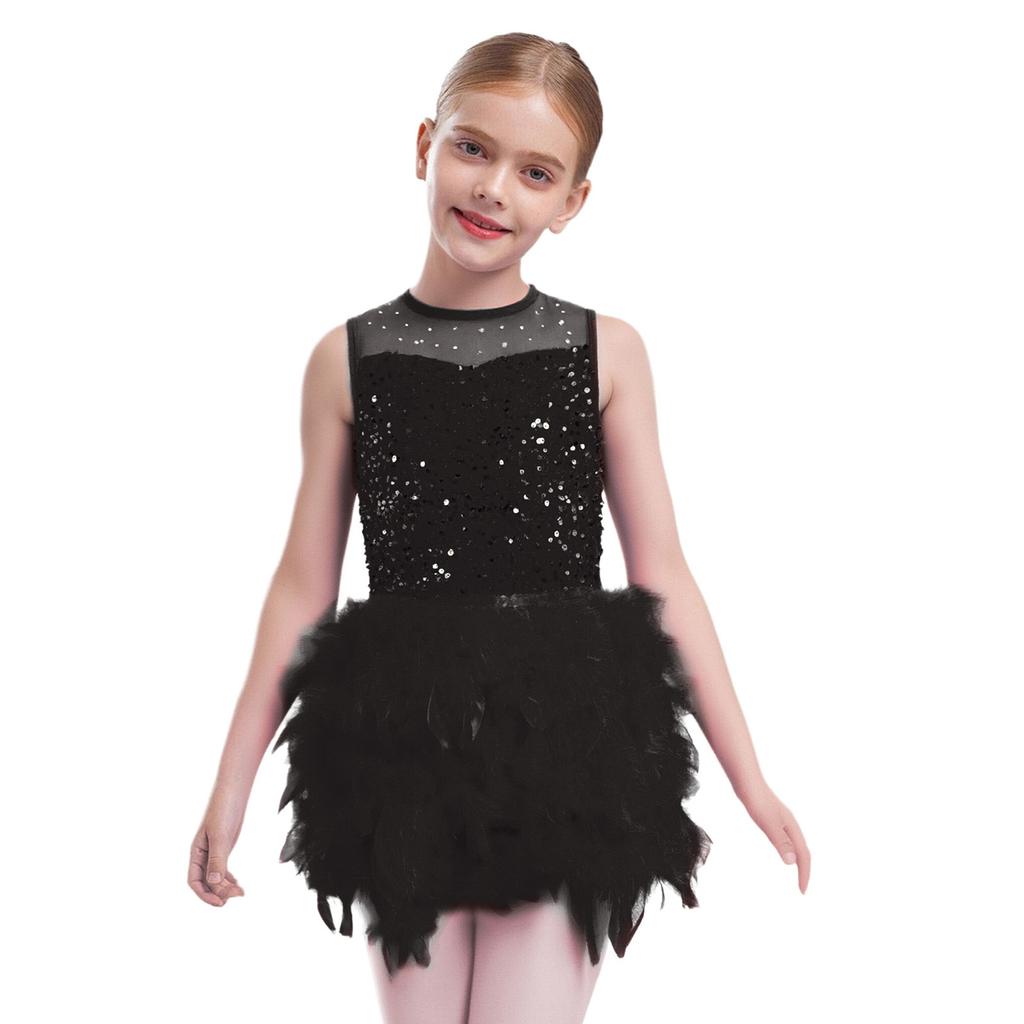 Mädchen Tanzperformancekleid: Rundhalsausschnitt Ärmellos mit Unsichtbarem Reißverschluss am Rücken, Durchsichtiges Netz, Pailletten, Feder Samt & Eingearbeiteter Slip für die Bühne