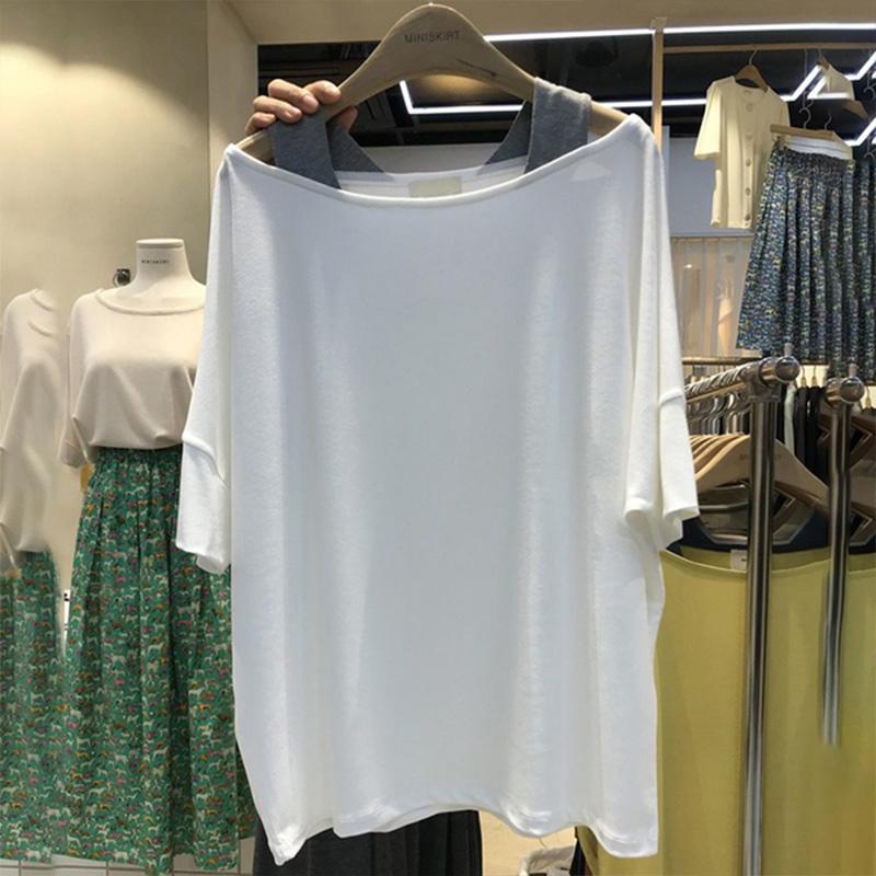 Summer Fashion Fake Two Pieces All-match Tops Women Loose Casual T-shirt Female One Word Shoulder Pullover Tee