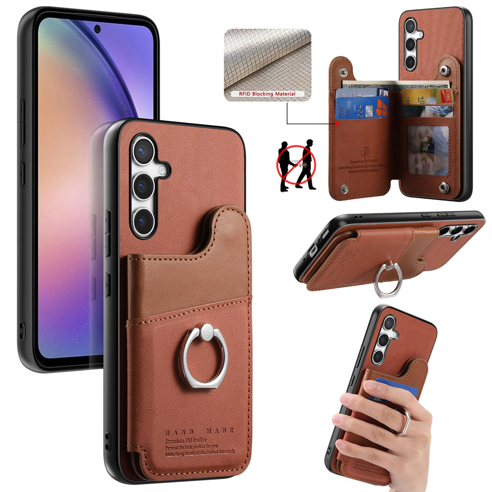 

For Samsung Galaxy S24 Case with Card Holder Kickstand Leather+TPU+PC Phone Cover Brown