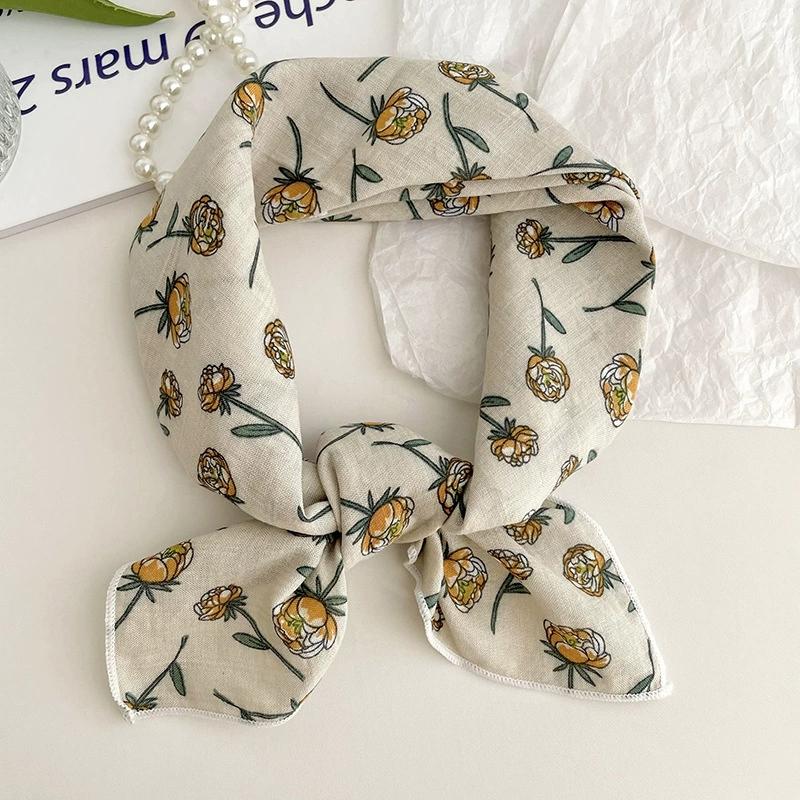 56cm Soft Retro Soft Cotton Square Scarf for Women Neckerchief Cotton Headscarf Floral Printed Small Scarf Hijabs