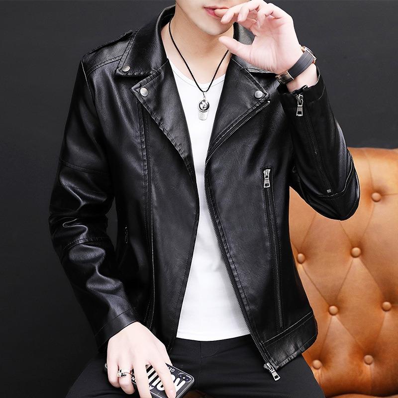 Autumn and winter new men's casual youth slim fashion trend lapel leather jacket men's handsome leather jacket