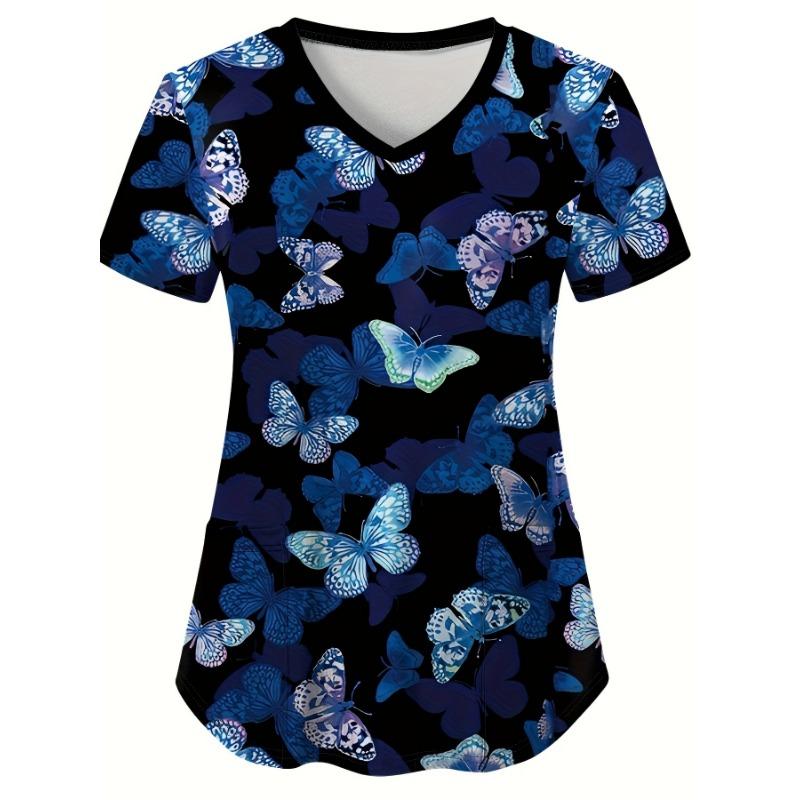 Medical Clothes Elegant Butterfly Print V-Neck Surgical Uniform Woman Short Sleeve Color Patch Pocket Top Clinical Uniform Woman 5XL