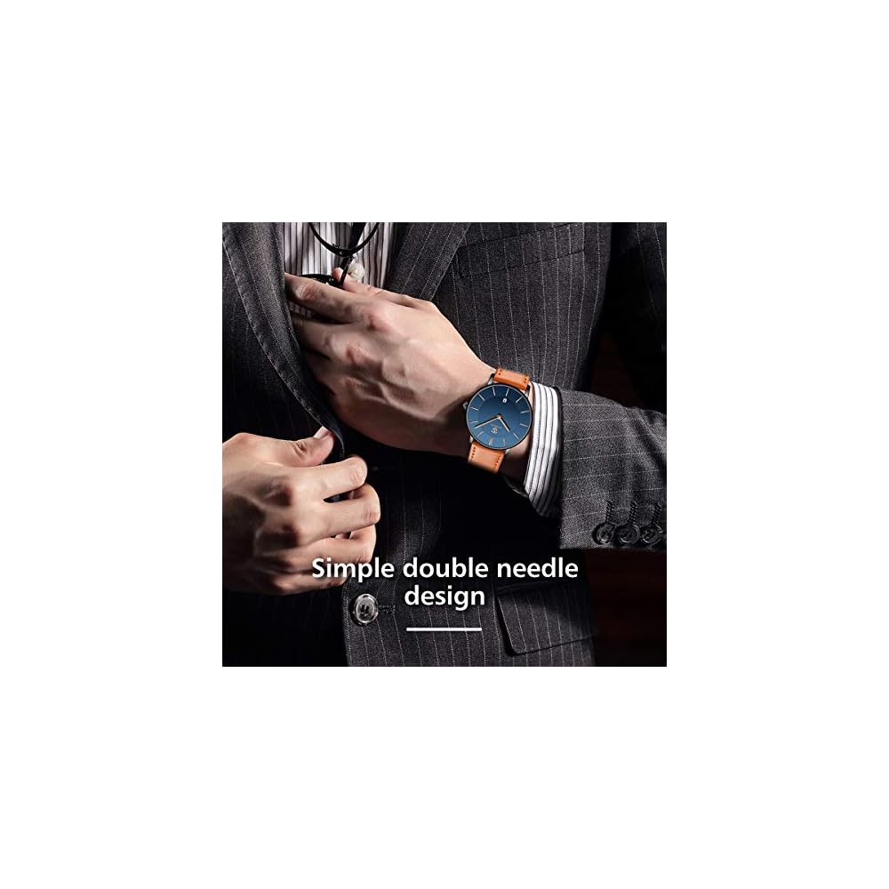Minimalist Men's Analog Watch with Date Display and Leather Strap Orange Blue