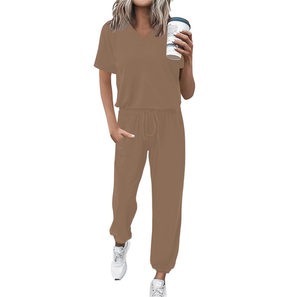 Women's Jogging Fashion V-Neck Color Short Sleeve Belt Loose Pants Tracksuit