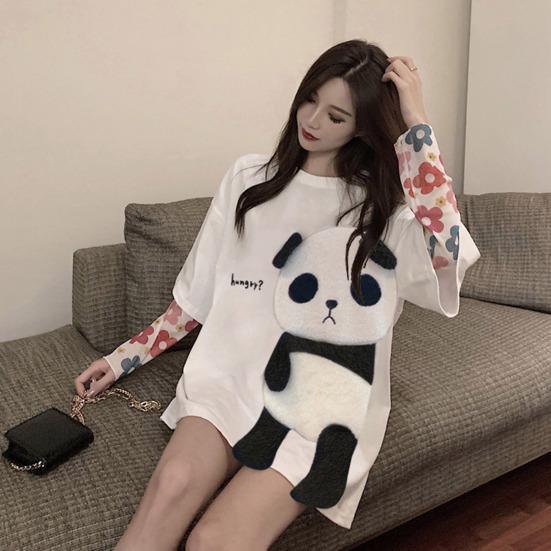 Camiseta Feminina de Verão Bordado de Animal Decoração de Panda Solta Comprimento Médio Gola Redonda Uso Diário Manga Curta Cor Contrastante Top de Verão Feminino Vestuário