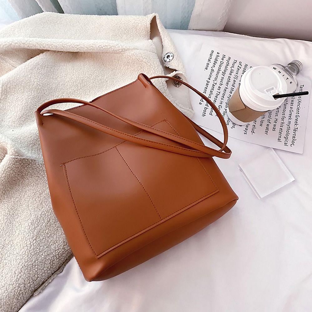 PU Leather Shoulder Bucket Bags Large Capacity Korean Style Tote Bag  Women Girls
