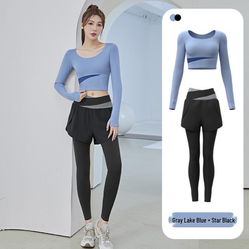 

Персиковый цветной блок бесшовный комплект для йоги с длинным рукавом - Женский фитнес-костюм облегающего кроя XXL