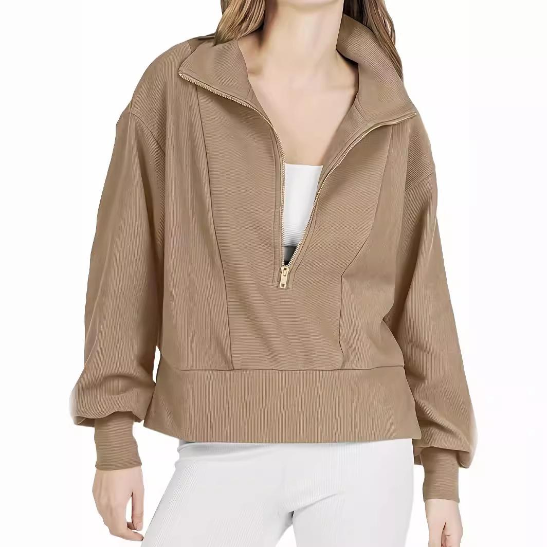 Однотонная короткая толстовка для женщин с отворотом и застежкой-молнией с длинным — фото 4