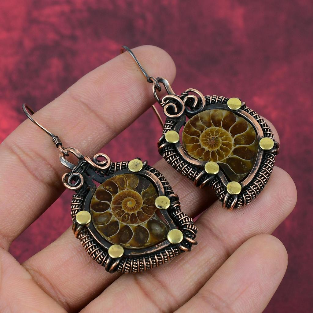 Ammonite Fossil Earring Copper Wire Wrapped Earring Elegant Jewelry Handmade Gemstone Earring Gifts For Wife Stylish Earrings Copper Jewelry
