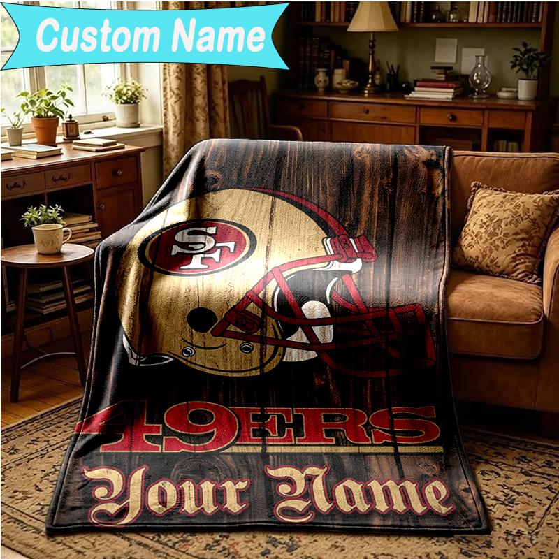 1PC Custom Name Blanket Faithful 49ers Football Flannel Blankets Patterns Throw Blanket All-Season Soft Gift for Couch, Bed, Camping, Birthday Gifts