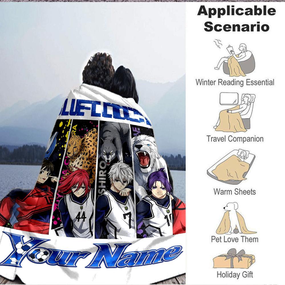 Custom 1Pc Custom Blue Lock Anime Print Fleece Flannel Blanket Soft Warm Cozy Office Throw For Bedroom Couch Travel Birthday Xmas Gift