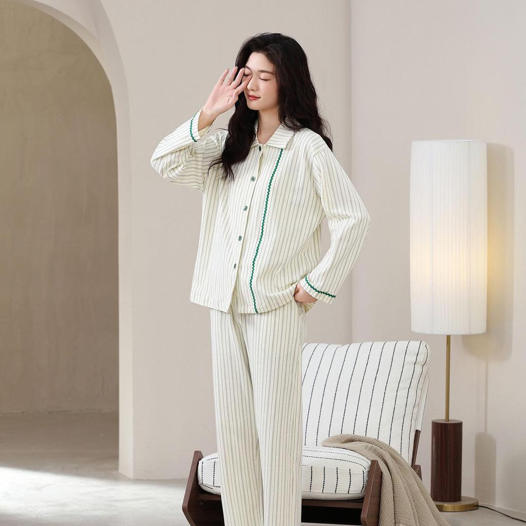Women's Pure Cotton Striped Long-Sleeve Pajamas Set for Spring/Autumn, Wear Indoors or Out, Customizable Design Available.
