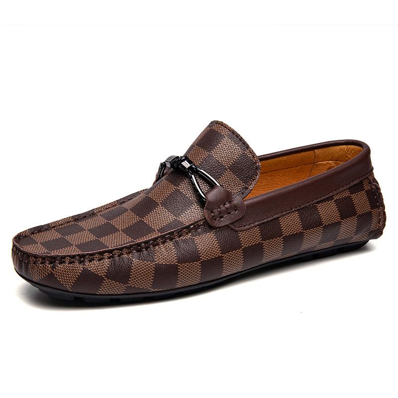 Herrenschuhe Doudou-Schuhe Ein-Pedal-Faul-Fahren-Lederschuhe Sommer Low-Top Kariert Rindsleder-Oberfläche Freizeitschuhe Einzelne Schuhe