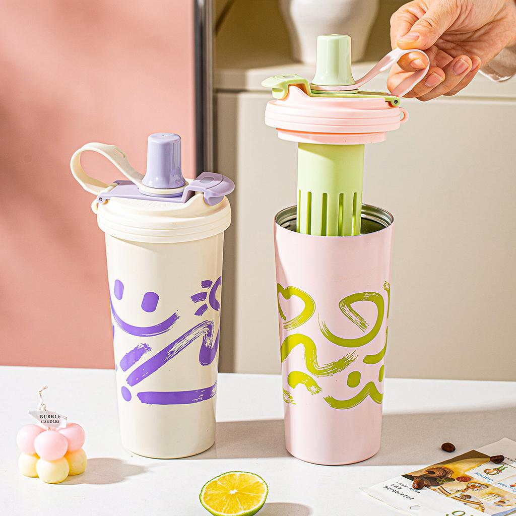 New 111 Stainless Steel Double Drink Coffee Cup Large Capacity Vacuum Thermos Cup Outdoor Portable Portable Straw Cup