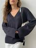 Women's Pullover Sweater with A V-neck and A Slit At The Bottom