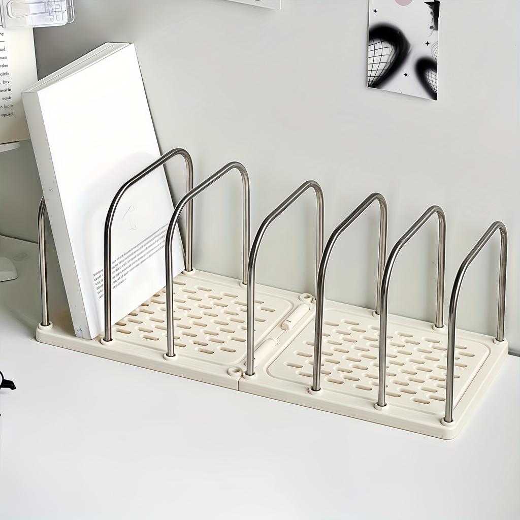 1PC Stainless Steel + PP Desktop Bookshelf, Non-slip Base with Adjustable Partition Vertical Small Bookstand
