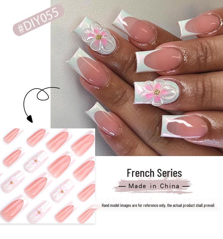 French White 3D Flower Medium-Long Square Wearable Nail Tips