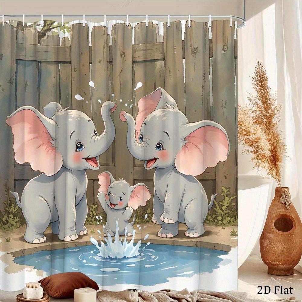 Cute Baby Elephants Playing In Water Shower Curtain Waterproof Moisture Proof Privacy Protection Animal Design Cartoon Kids