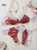 Women's Lace Floral Underwire Bra Set with Bow & Two Bottoms