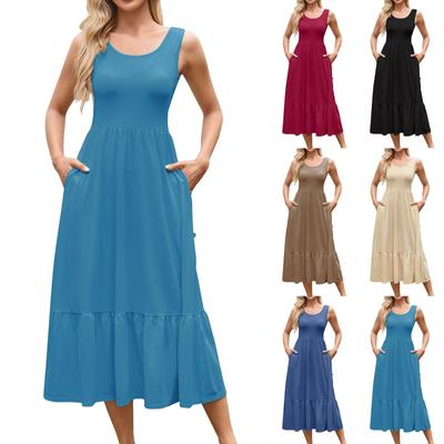 Women's Loose Casual Solid Color  Square Neck Pleated Sleeveless Pocket Dress  Pocket Dress