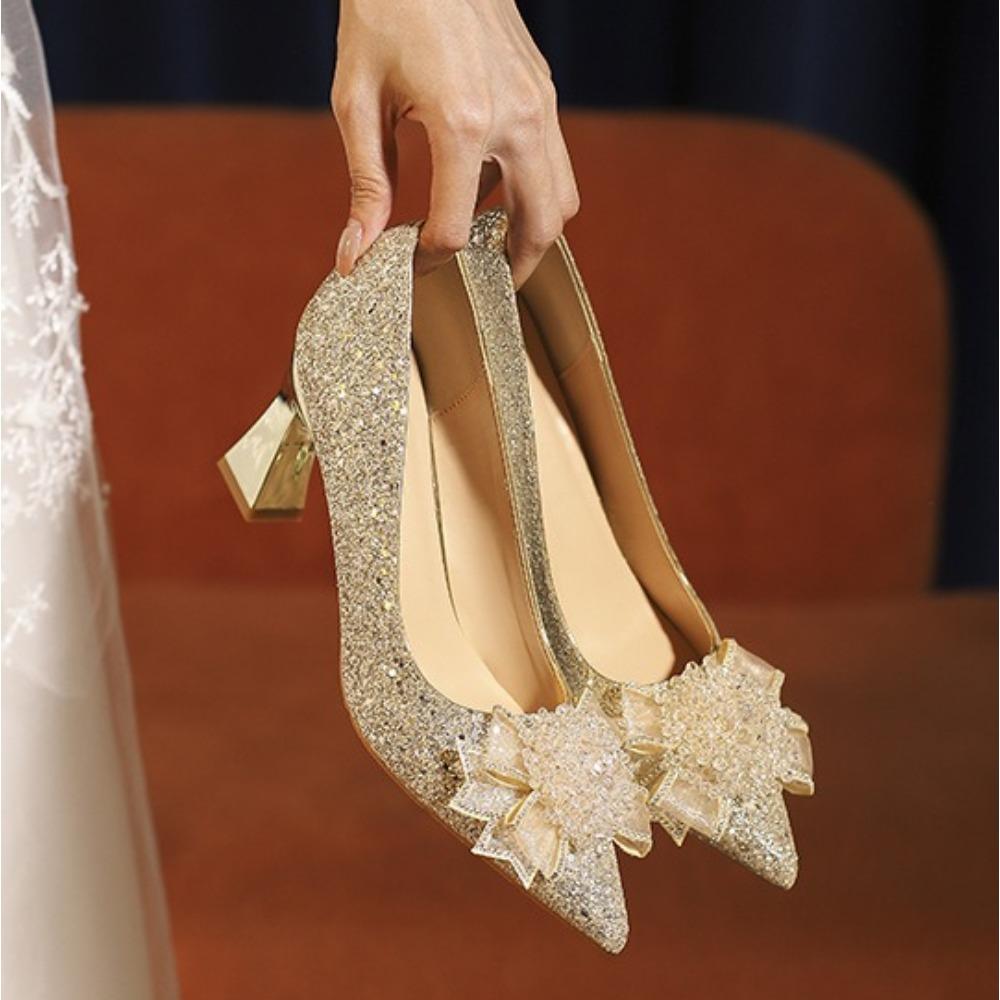 Crystal Wedding Shoes Womens New Xiuhe Main Wedding Dress Two Wear Bridesmaids High Heels Bridal Shoes Large Size Plus Fat Pumps