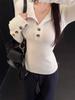 Spicy Girl Henry V-Neck Slim-Fit Buttoned Long-Sleeve Top