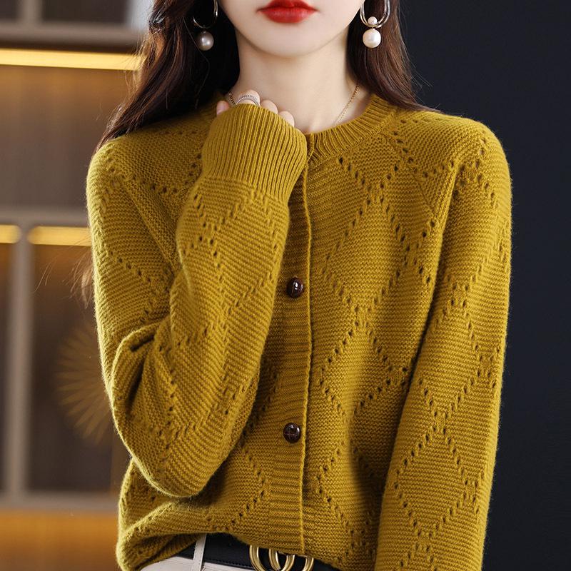 Damen Kaschmirwolle Strickjacke - Gestrickter Rundhals-Pullover für Herbst/Winter Mode