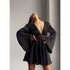 European and American Party French Satin Flared Sleeve Solid Color Long Sleeve Dress Women V-neck Waist-cinching Short Dress