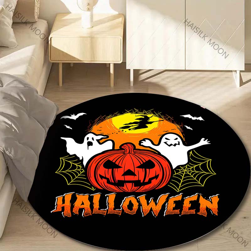 1PC Pumpkin Head Bat Castle Halloween Round Carpet for Kids Living Room Rugs Picnic Mats Flannel Anti-Slip Rug Luxury Gift