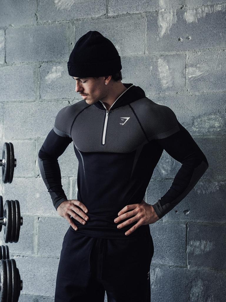 GYMSHARK Men's Onyx High Stretch Long Sleeve Hooded Fitness T-shirt