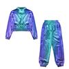Unisex Kinder Hip Hop Tanzkostüm Metallic-Jacke mit Langarm-Umlegekragen und glänzendem Hosenset